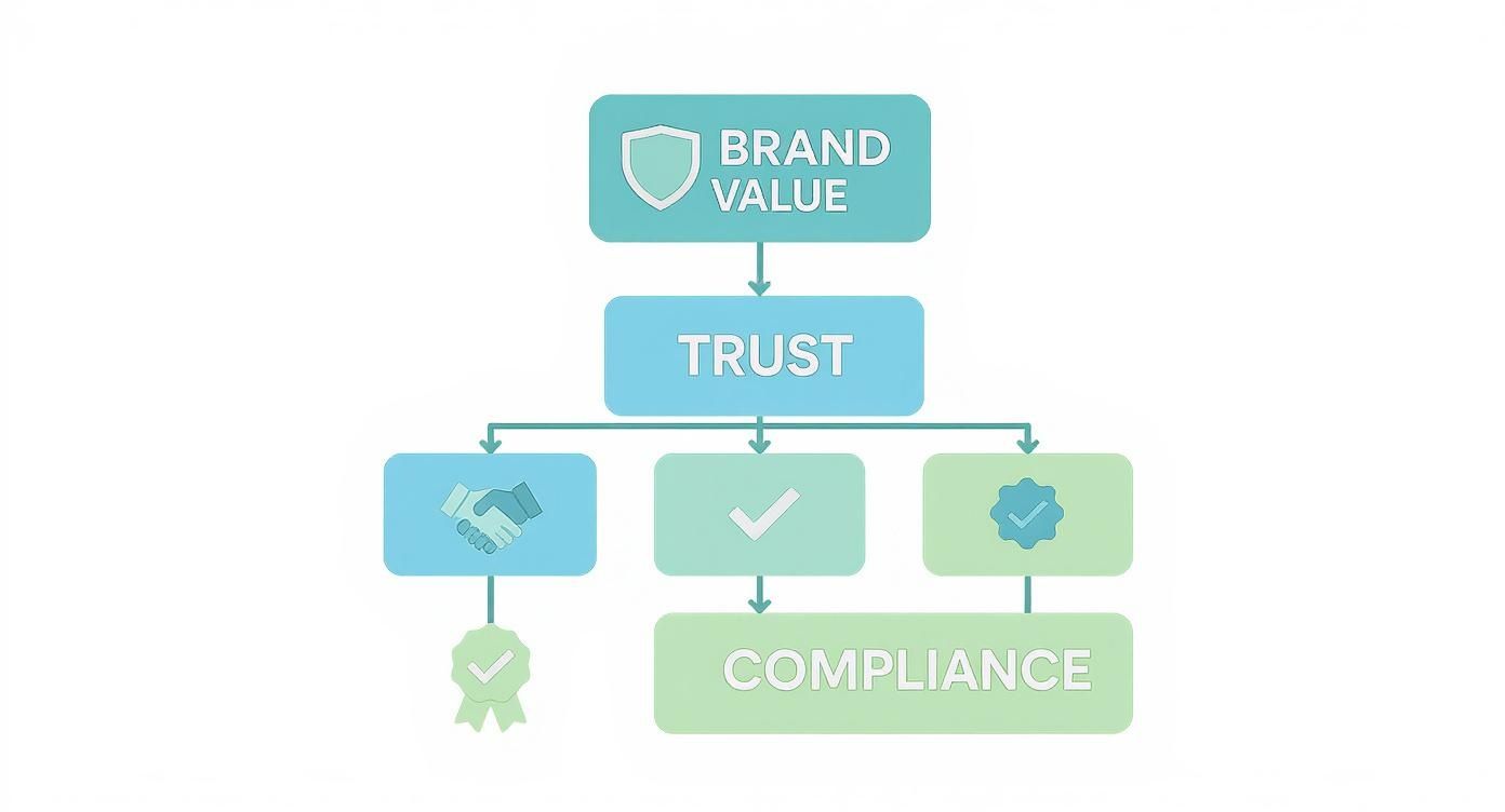 Flowchart showing brand value leading to trust and compliance in quality assurance