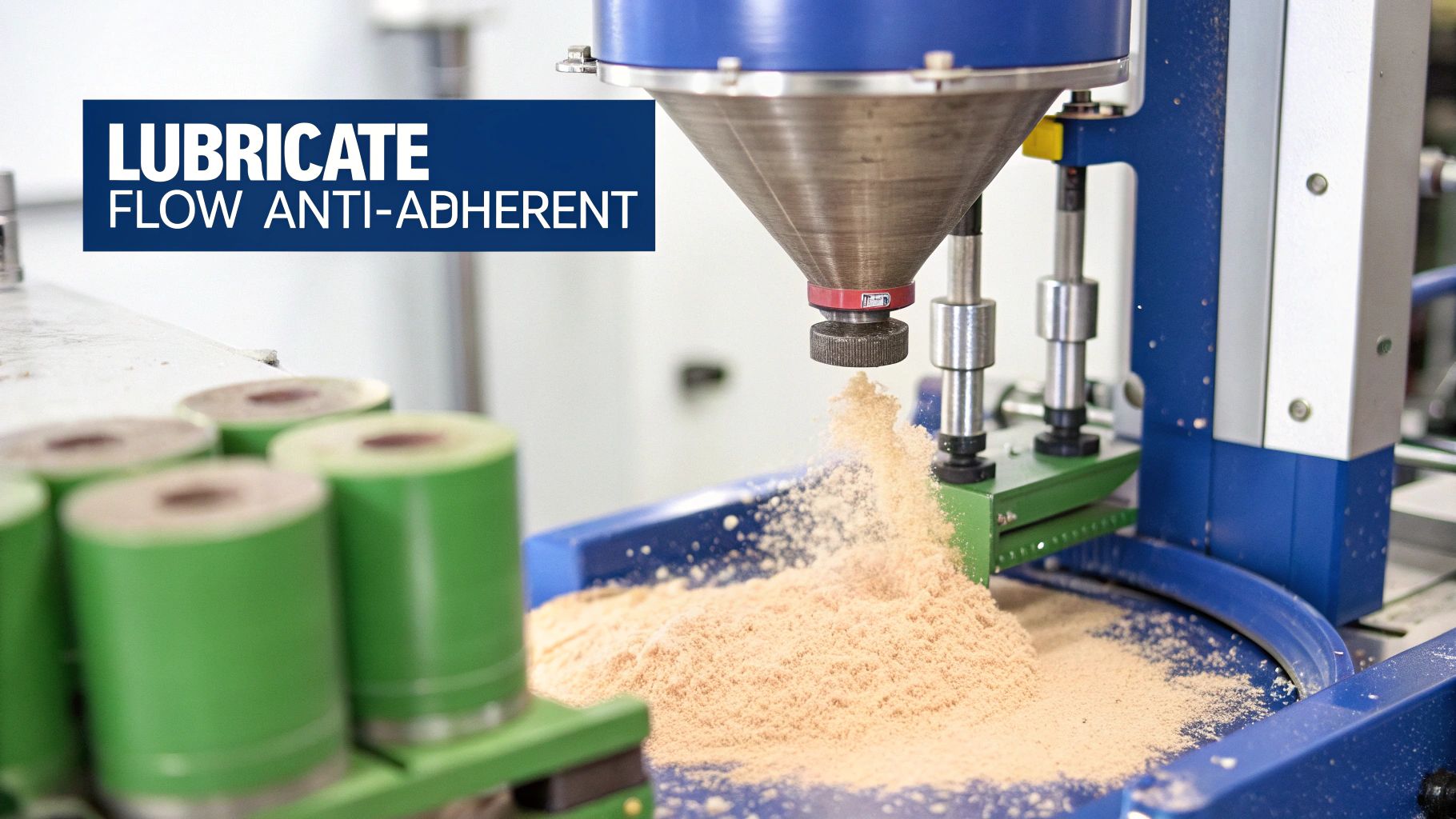 Industrial machine dispensing fine powder, likely magnesium stearate, labeled 'LUBRICATE FLOW ANTI-ADHERENT'.