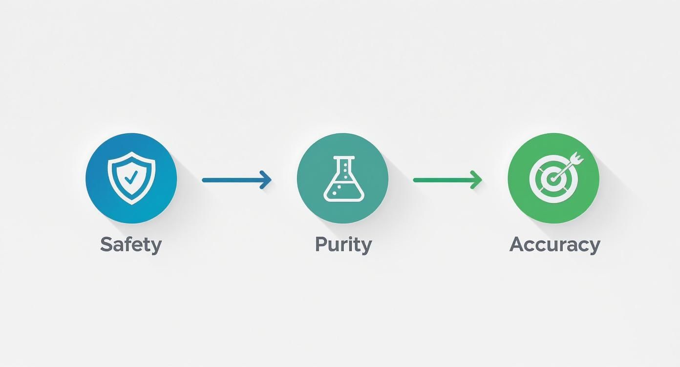 A visual process flow from safety shield to laboratory purity flask to accuracy target.