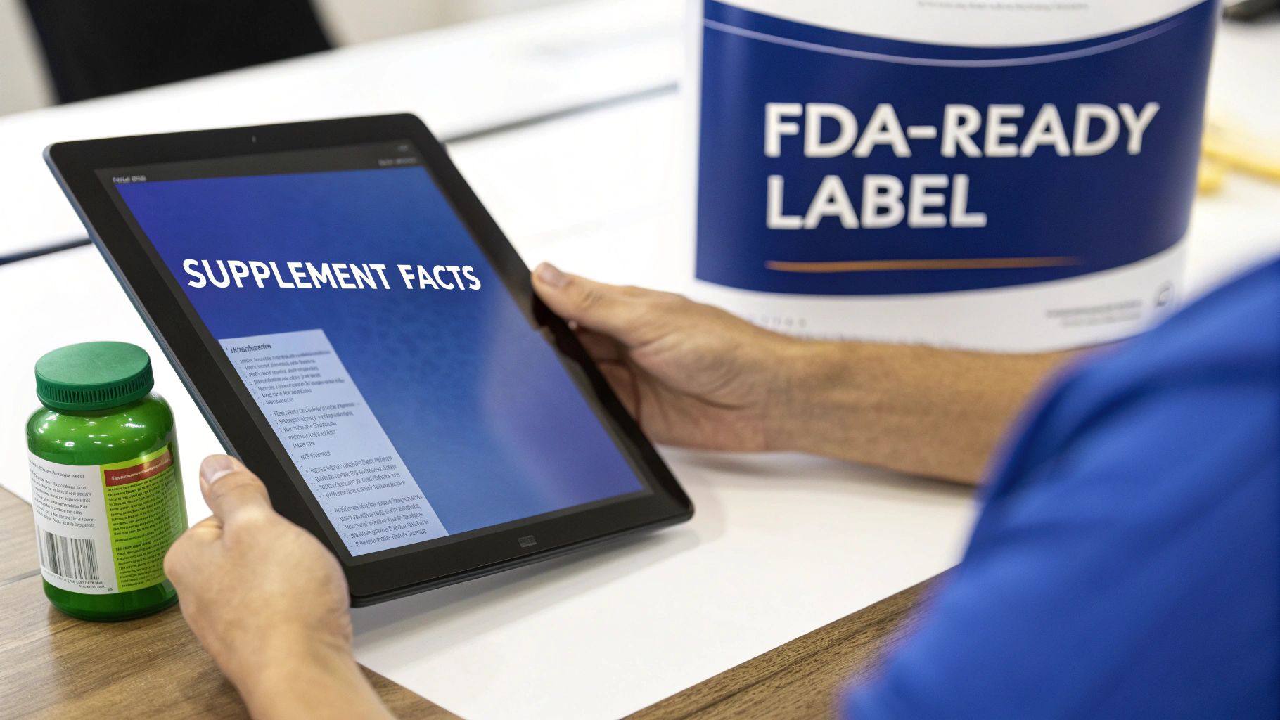 Person reviewing supplement facts on tablet next to FDA-ready label container for custom supplements
