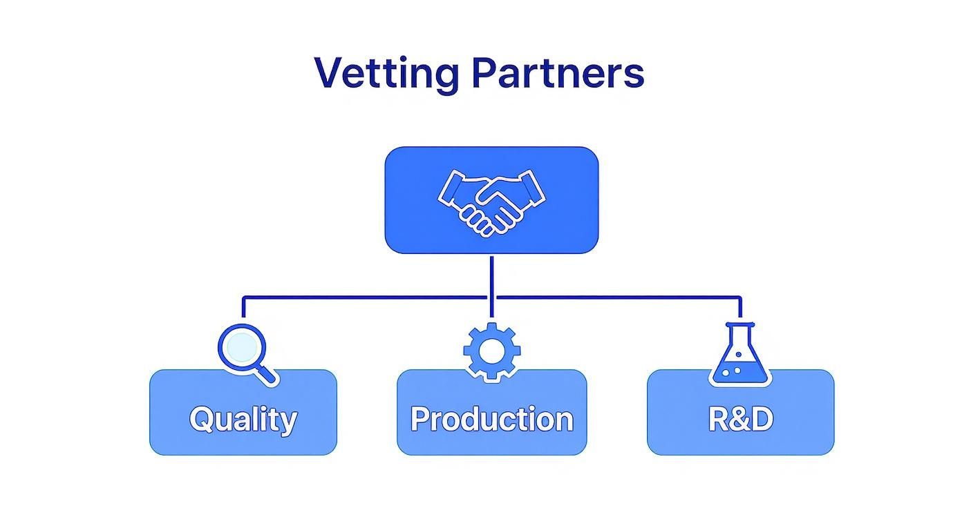 Diagram illustrating partner vetting process across quality, production, and R&D departments.