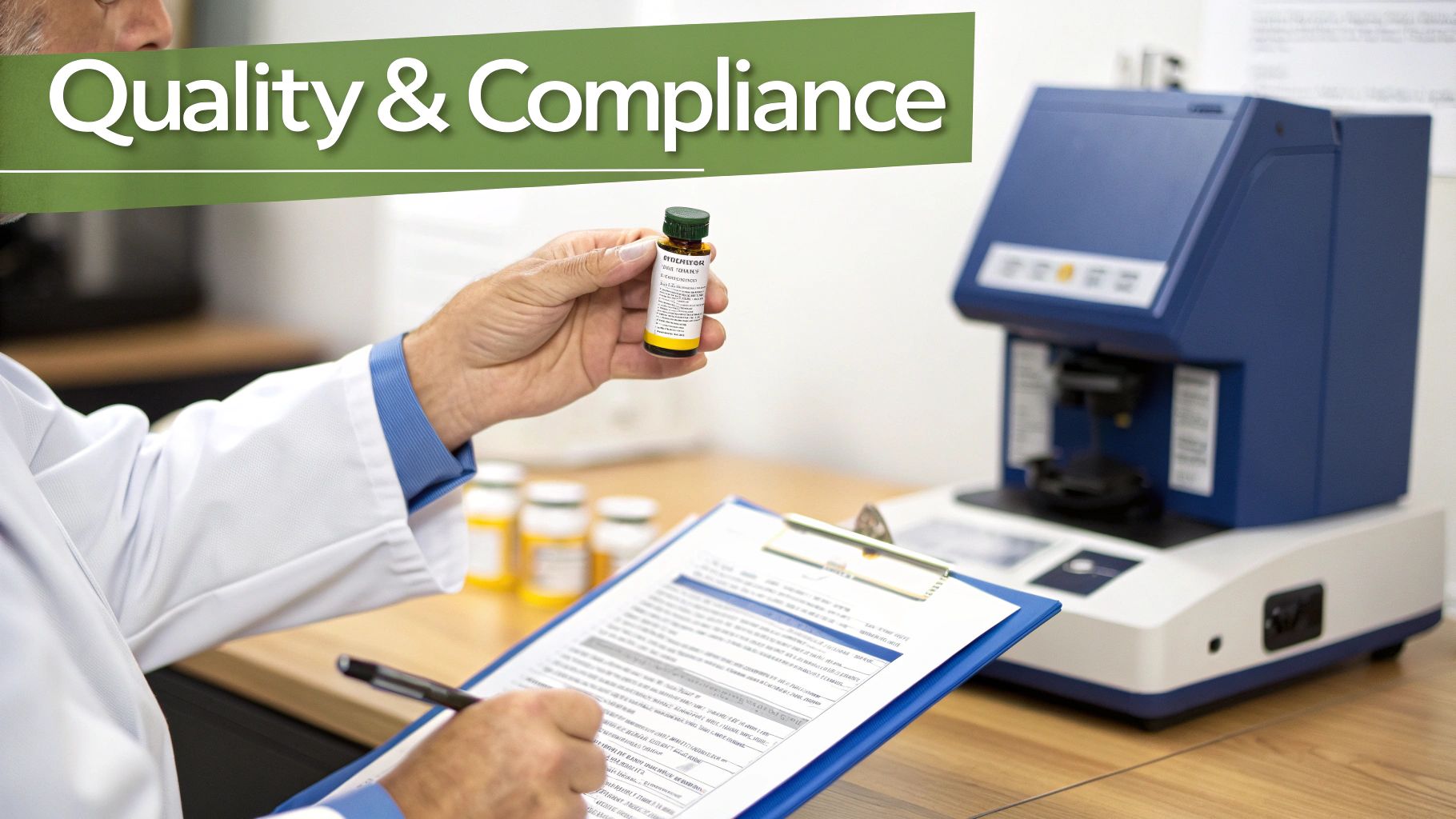 A scientist in a lab coat performing quality control checks on medication, holding a vial and writing on a clipboard.