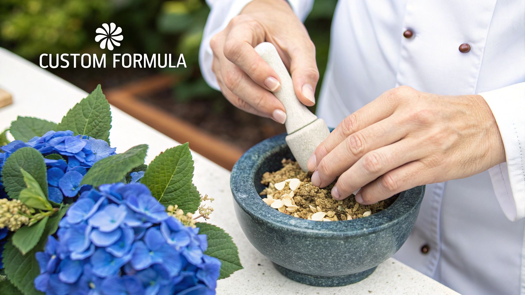A lab technician carefully measures a botanical extract, showcasing the precision involved in custom supplement formulation.