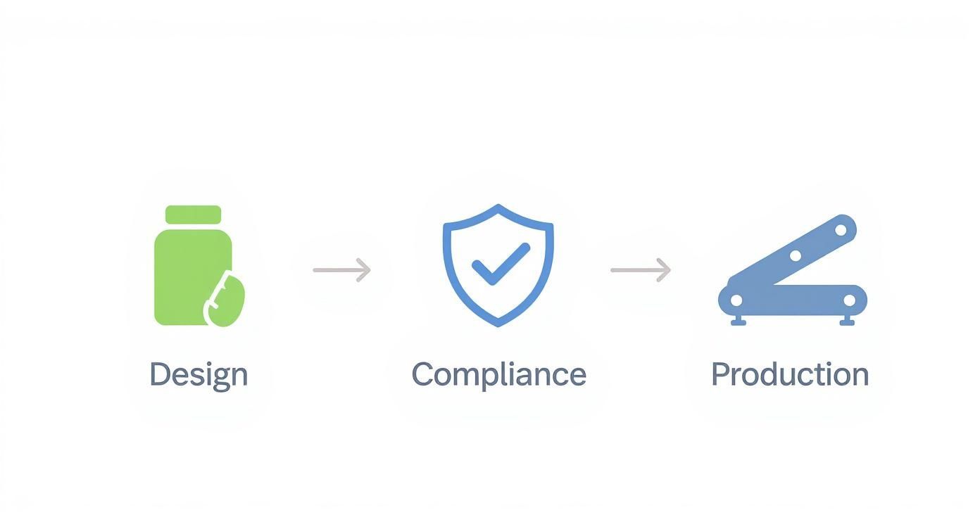 Infographic detailing the 3-step supplement packaging process from design and compliance to final production.