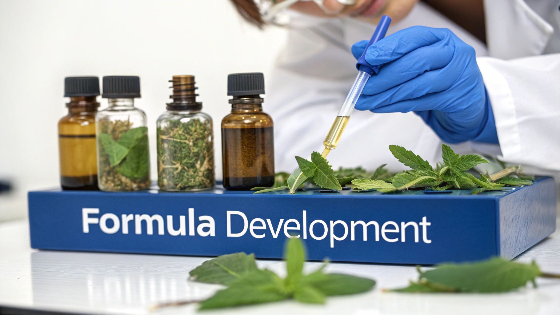 A scientist working in a lab on a liquid herbal supplement formula.