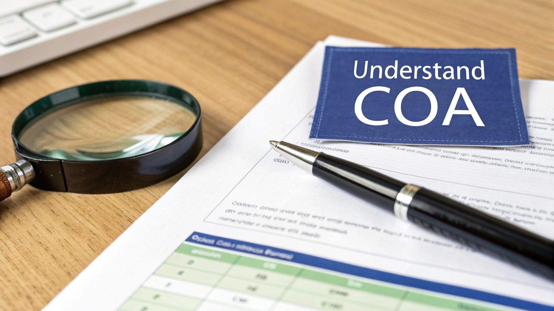 Certificate of Analysis document with magnifying glass and pen on wooden desk for quality assurance