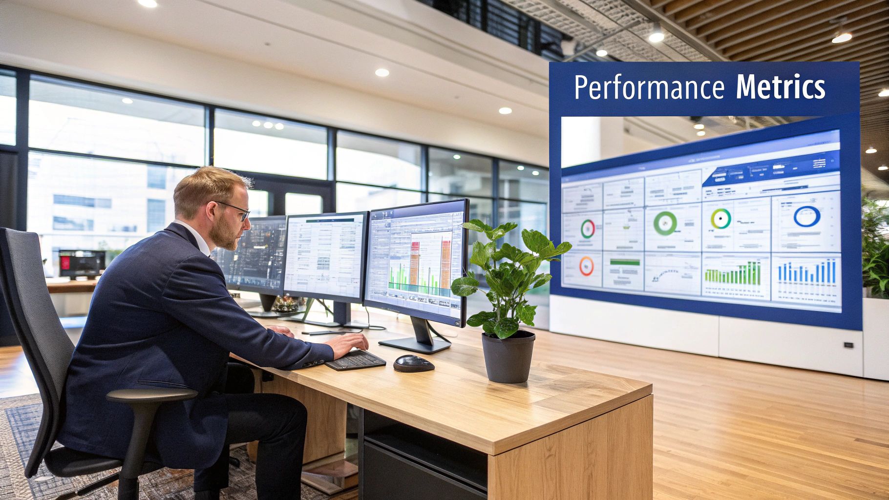 A dashboard showing various supplier performance metrics like on-time delivery, quality ratings, and cost savings.