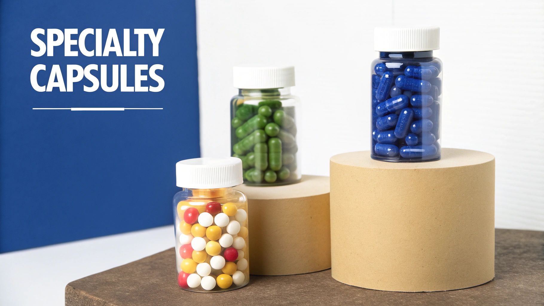Three clear bottles of colorful specialty capsules (blue, green, red, yellow, white) displayed on brown stands.