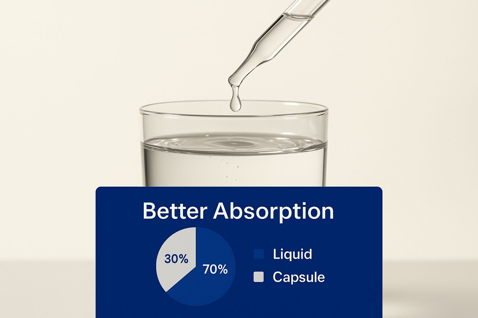 Infographic showing a dropper releasing liquid into water, highlighting better absorption.