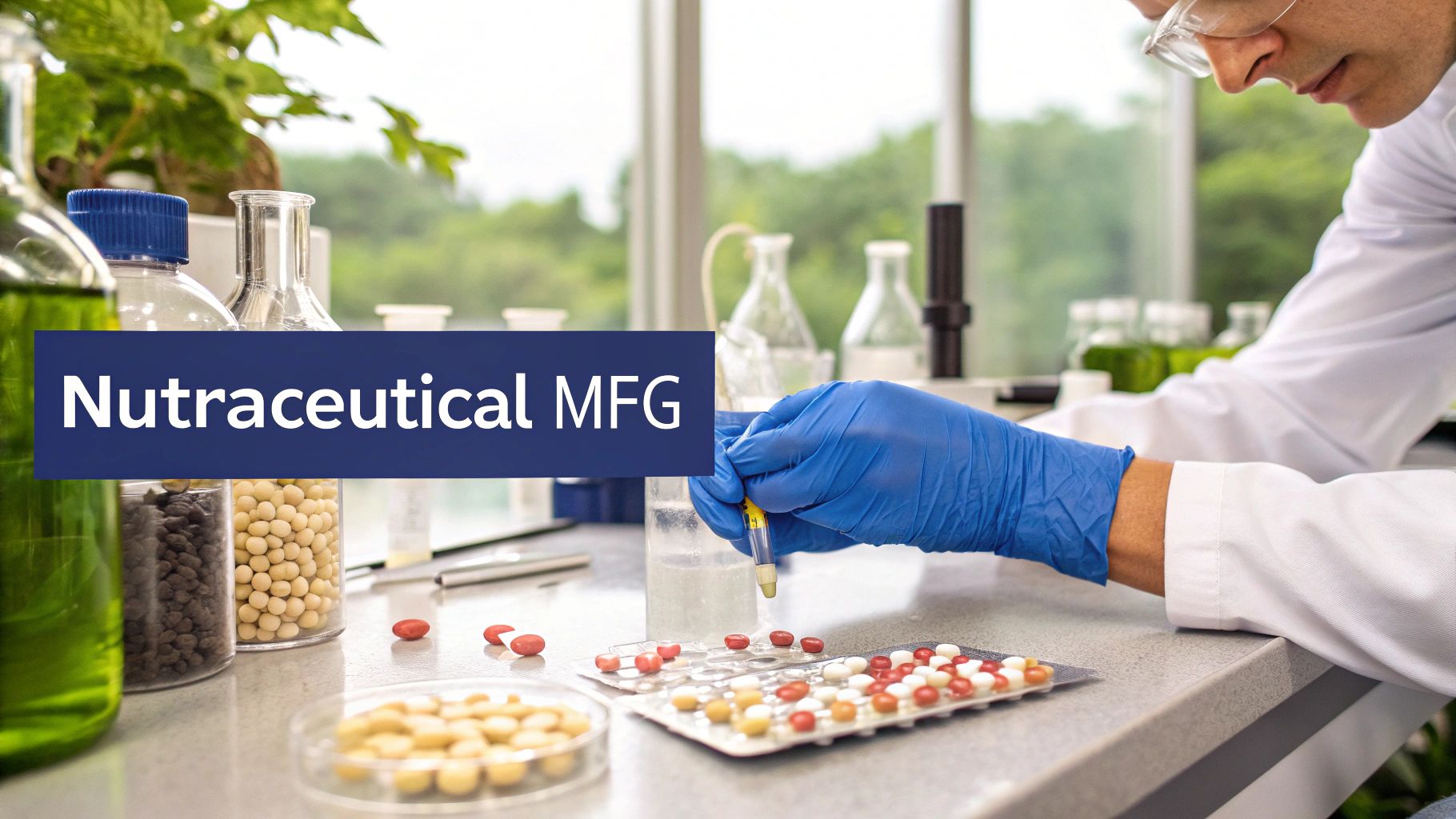 A scientist carefully working on a nutraceutical formulation in a modern laboratory