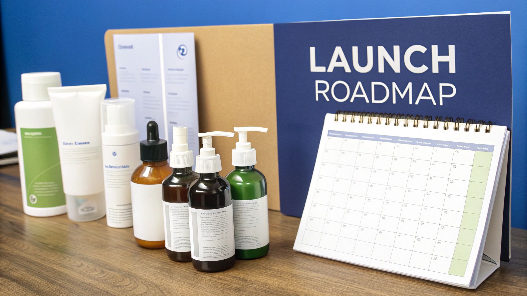 A collection of liquid product bottles and tubes with a 'LAUNCH ROADMAP' sign and calendar on a wooden desk.