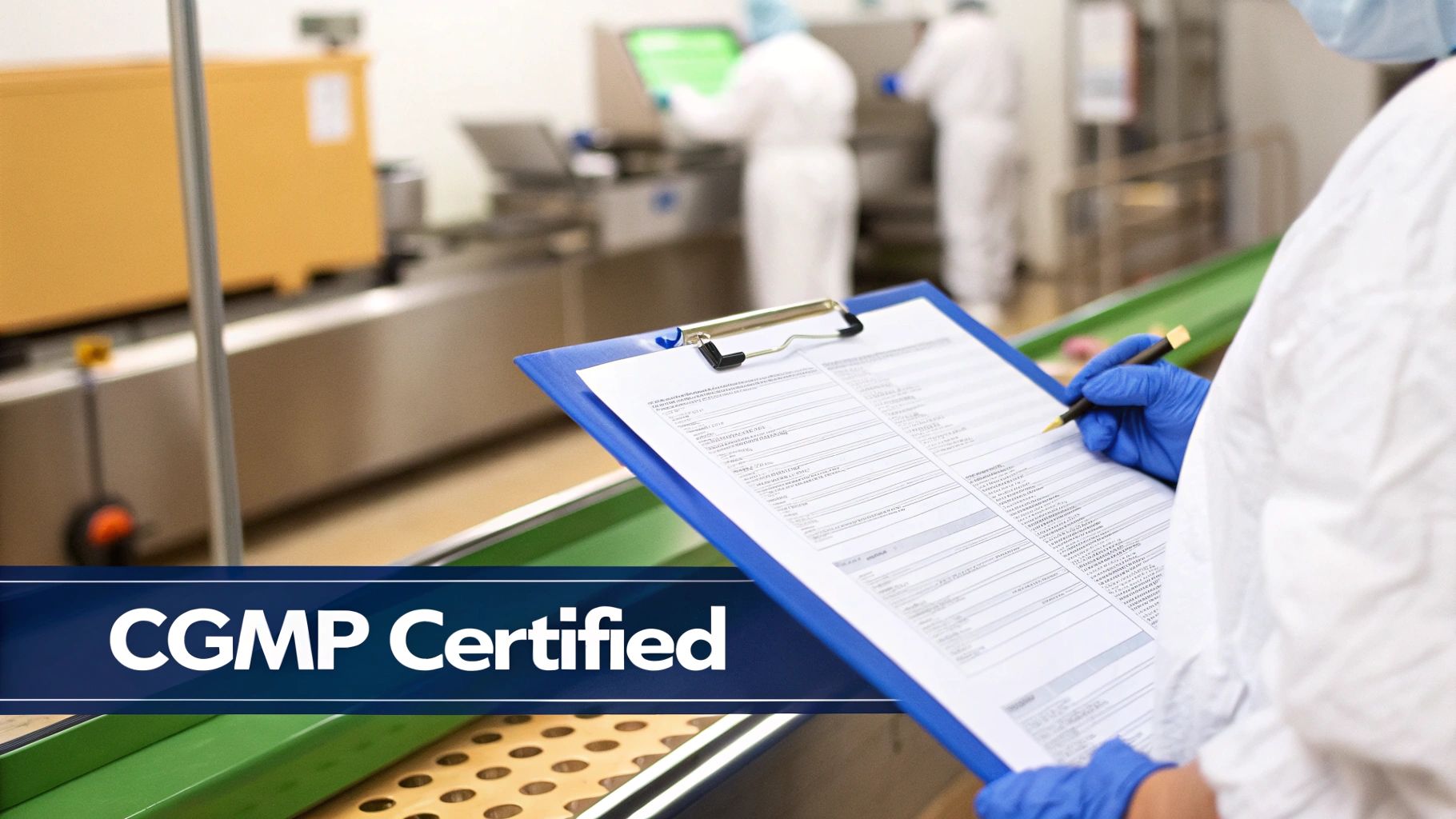 A person in a cleanroom suit performing quality control checks in a CGMP certified manufacturing facility.