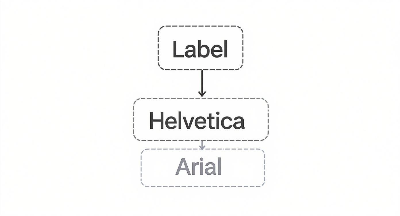 Flowchart showing typography hierarchy from Label to Helvetica to Arial font styles with arrows