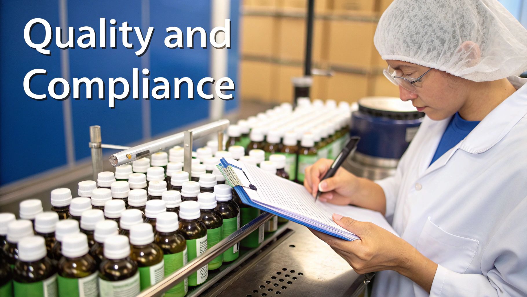 Person in a lab coat inspecting a clear liquid in a scientific beaker, representing quality control in supplement manufacturing.