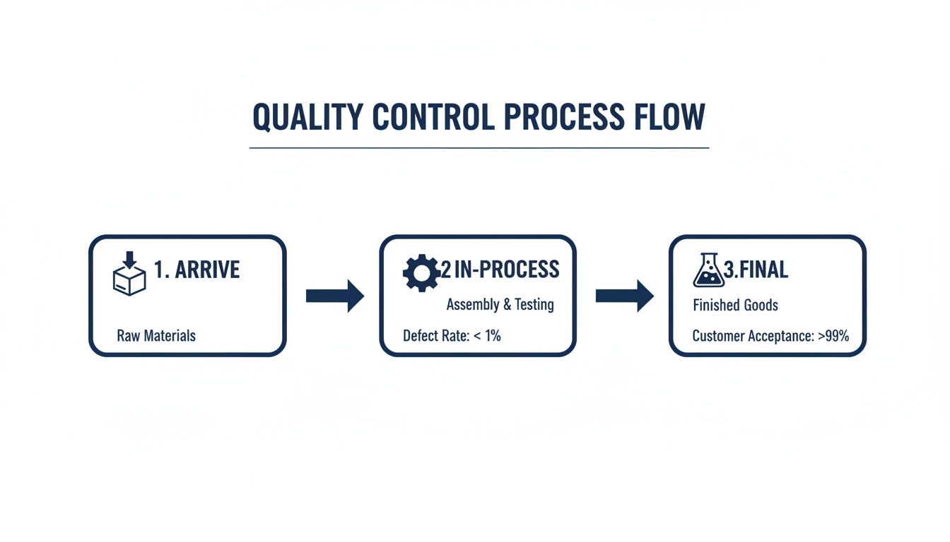 Quality control process flow diagram showing three stages: arrive, in-process, and final inspection.