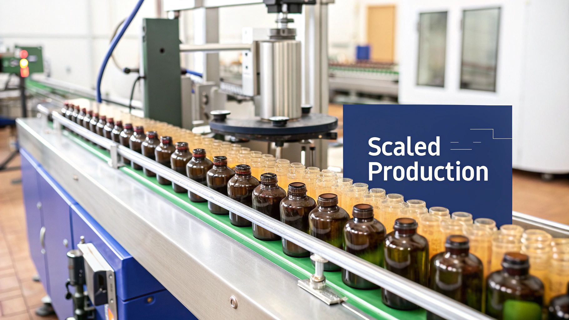 A state-of-the-art manufacturing line with gleaming stainless steel machinery and conveyor belts.
