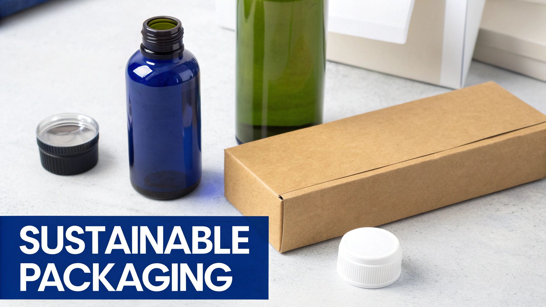 A hand holding a glass bottle with a wooden cap, with green leaves in the background, symbolizing sustainable health supplement packaging.