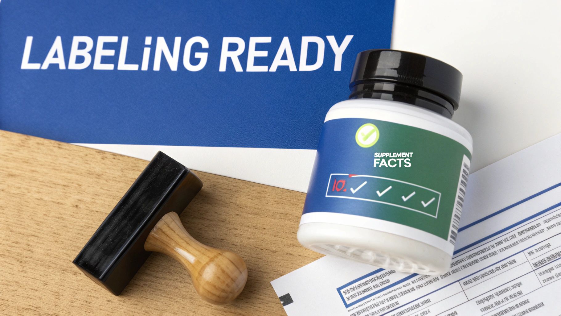 Supplement bottle with facts label next to rubber stamp and printed labels on wooden desk