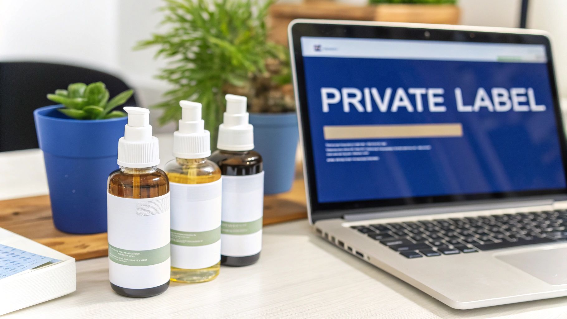 Two scientists in a lab coats examining a bottle of liquid supplement.