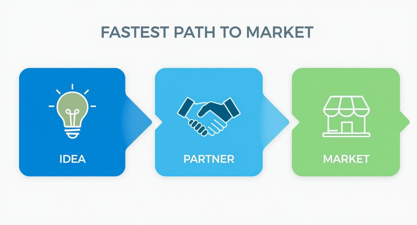 Infographic showing a process flow from an idea (lightbulb icon) to a partnership (handshake icon) to the market (storefront icon), illustrating the fastest path to market for private label multivitamins.