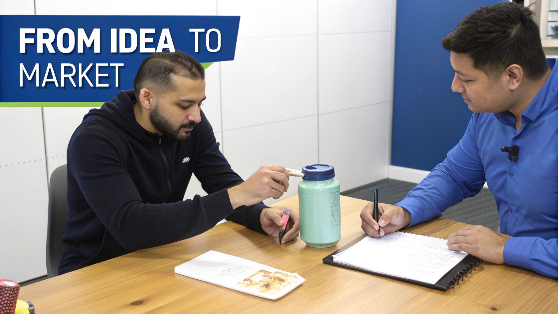 Two men collaborating on product development, one holding a green container, the other writing notes.