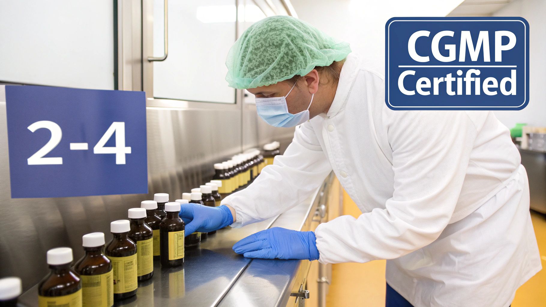 A scientist in a lab coat carefully inspecting a beaker of liquid herbal supplement, representing cGMP quality control.