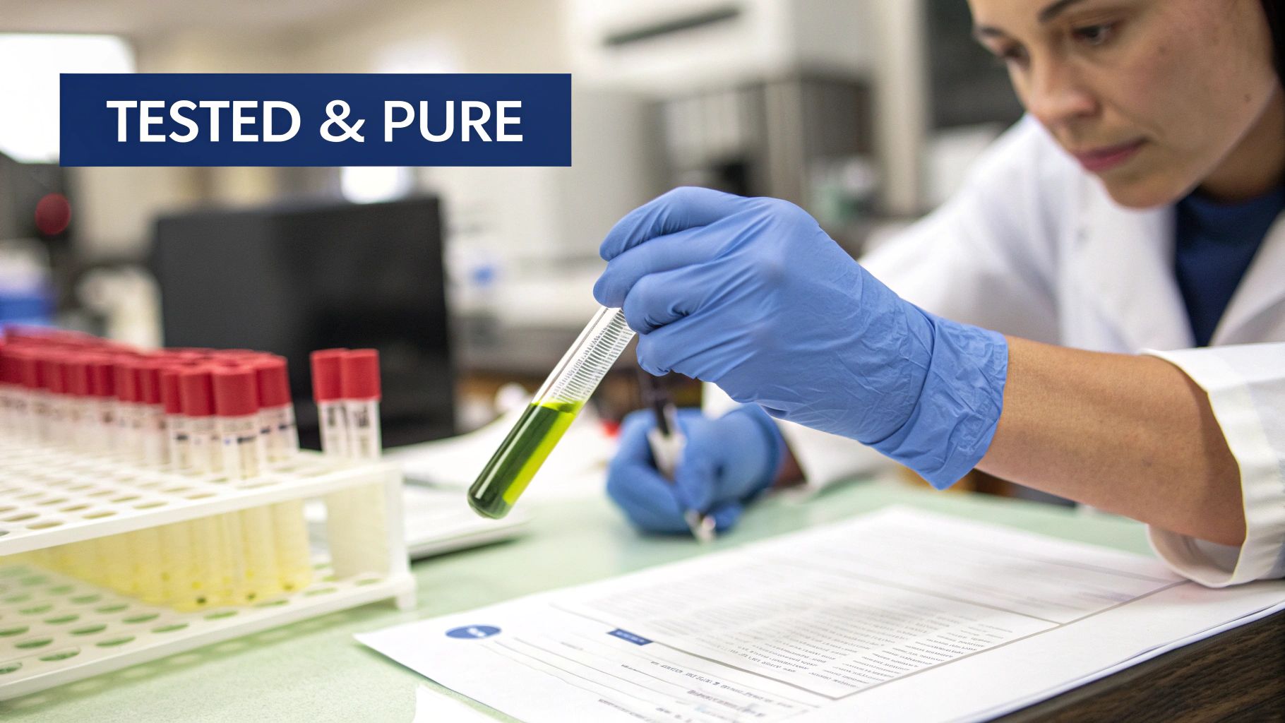 A scientist in blue gloves holds a test tube with green liquid, writing notes in a lab.