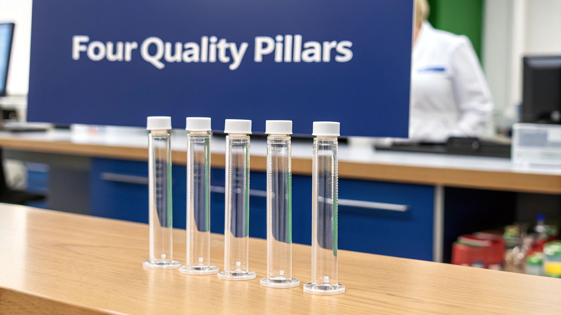 A scientist working in a modern supplement testing lab, surrounded by advanced equipment and glassware.
