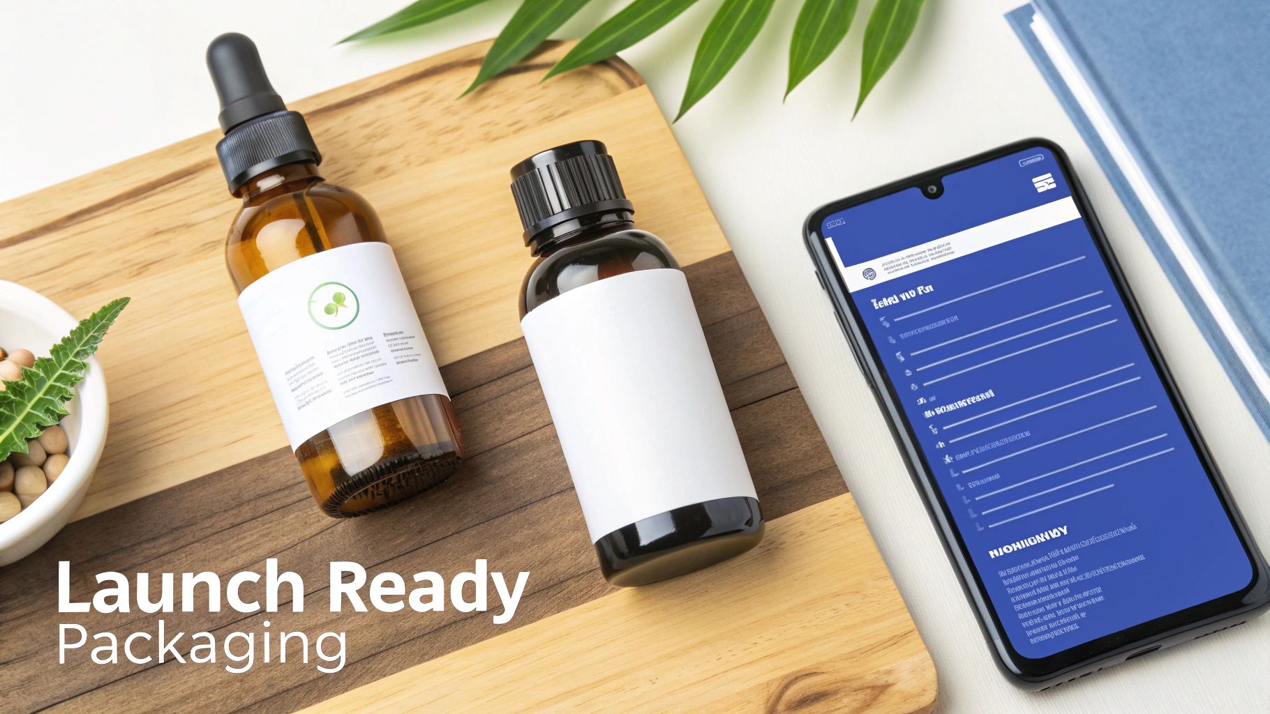 Two dropper bottles with labels on a wooden board, next to a smartphone showing design, highlighting launch-ready packaging.