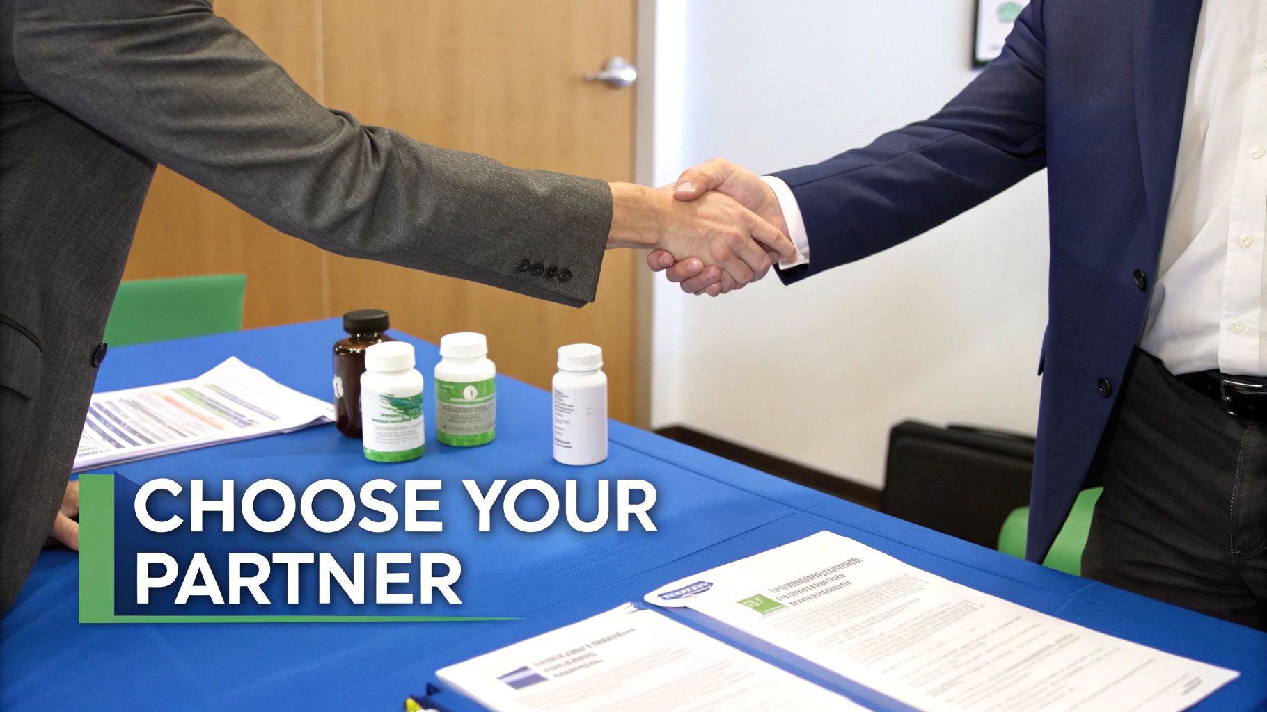 Two businessmen shake hands across a blue table with vitamin bottles and contract documents.