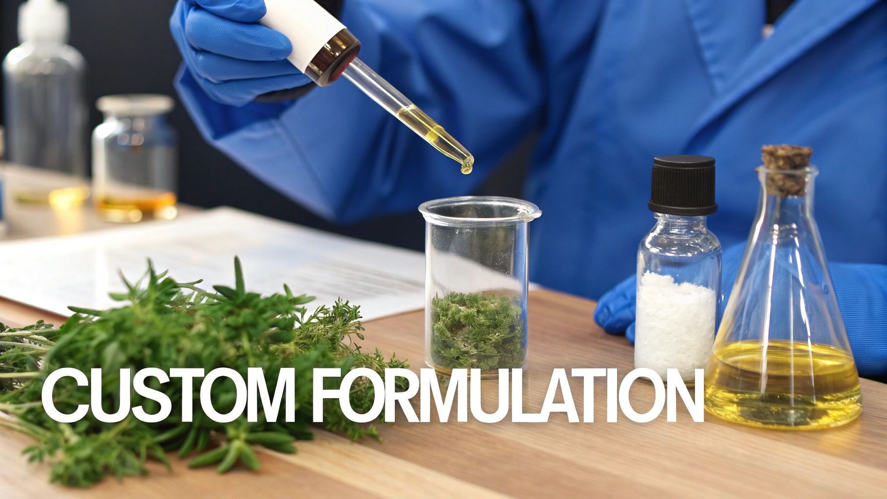 A person in blue gloves uses a dropper to add liquid to herbs for a custom formulation.