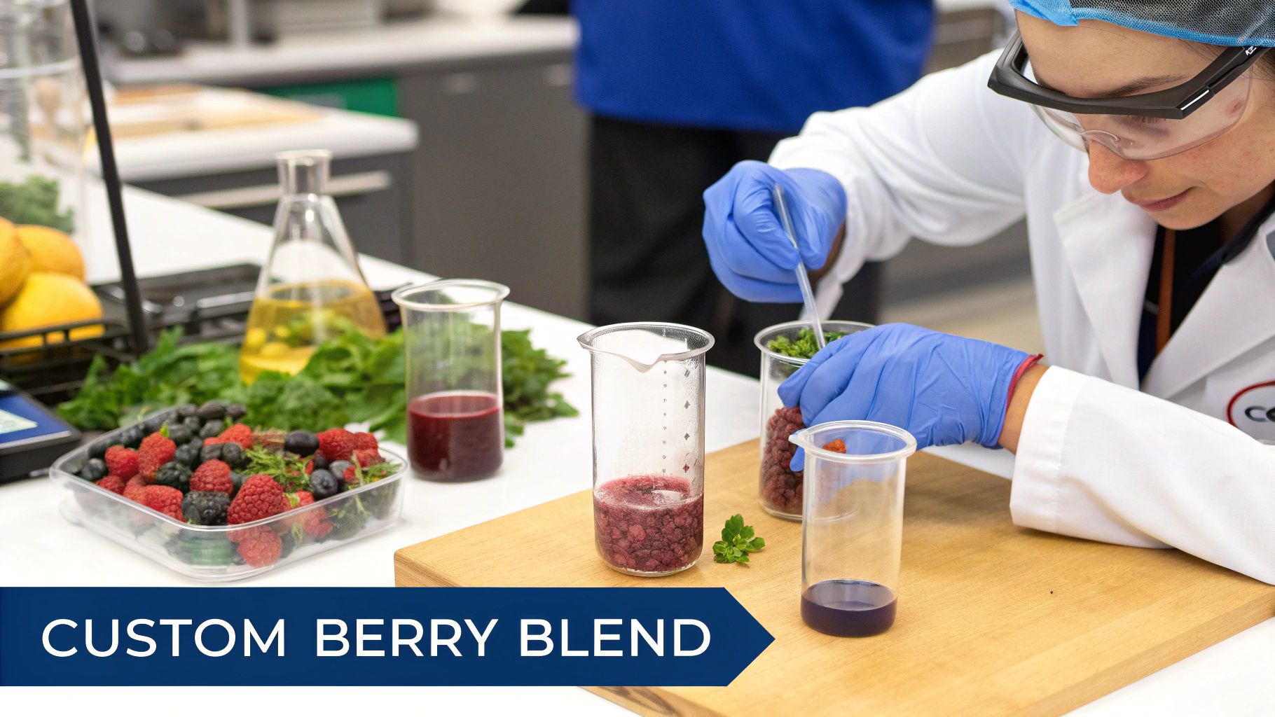 A scientist in a lab coat carefully measuring a red liquid into a beaker with scientific equipment in the background.