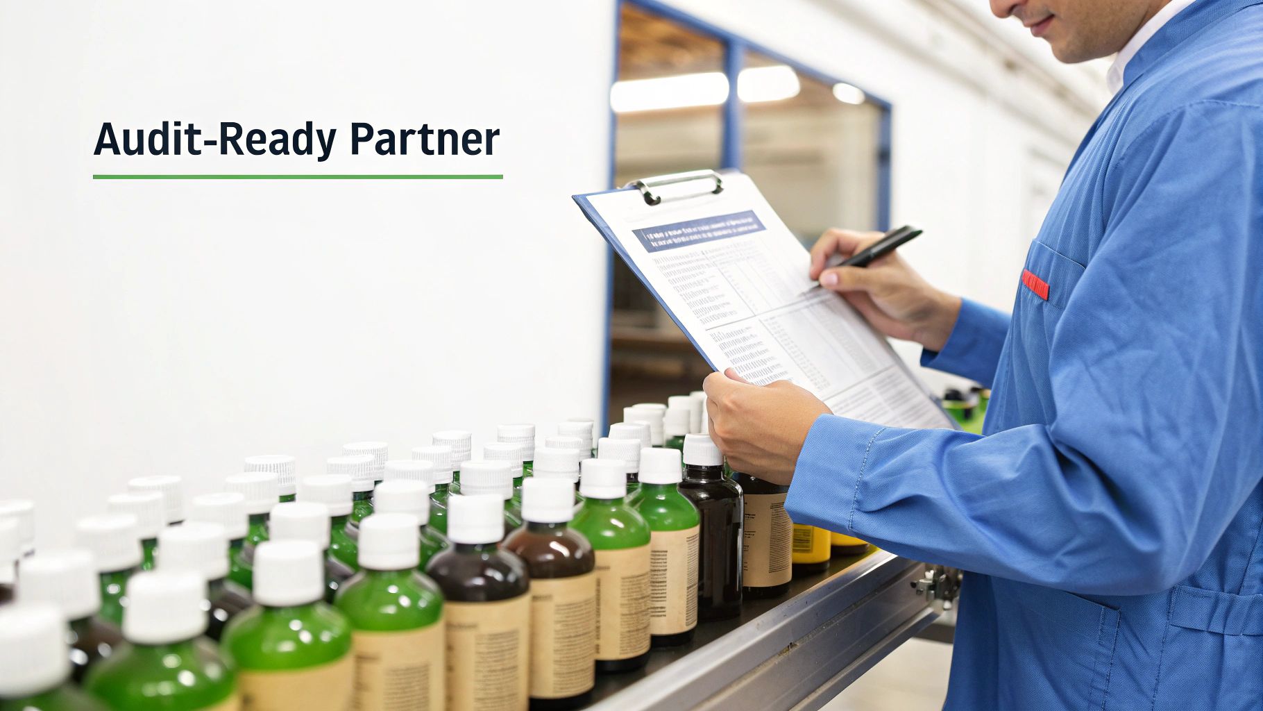 Professional in lab coat inspecting product bottles on a conveyor belt, performing quality control check.