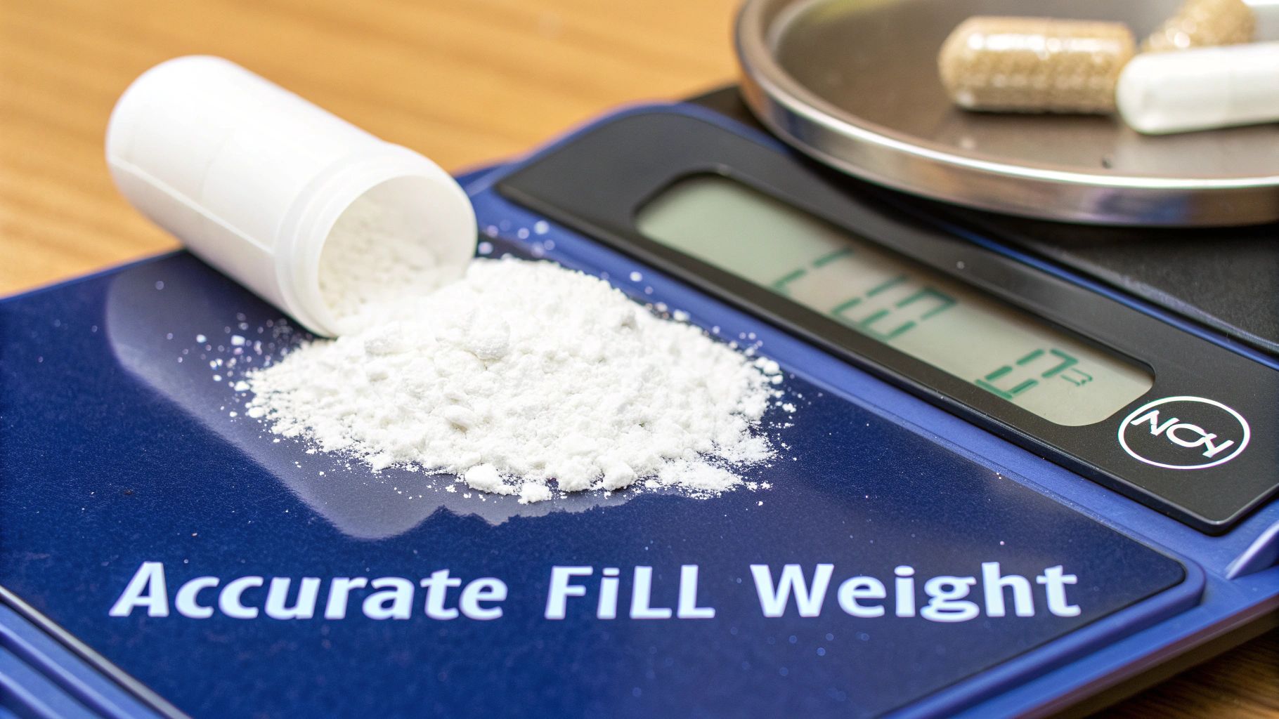 A digital scale with spilled white powder, an overturned container, and capsules in a tray, highlighting accurate weight.