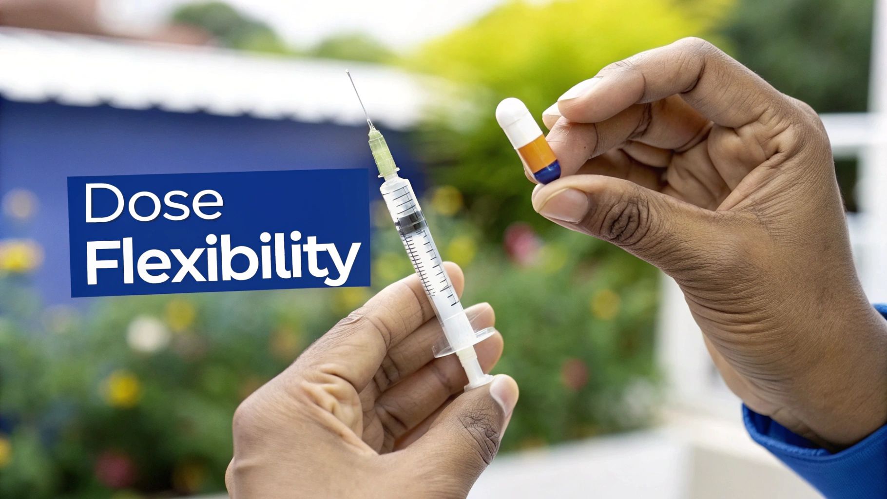 Hands holding a medical syringe and a colorful pill capsule, with 'Dose Flexibility' text.
