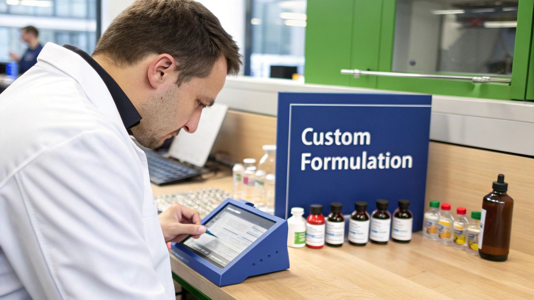 Close-up shot of a lab technician carefully measuring liquid from a beaker into a test tube in a sterile, modern laboratory setting, representing nutraceutical formulation.