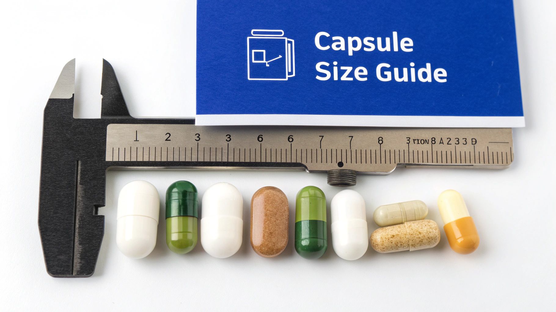 A caliper measures various colored medicine capsules and pills for a capsule size guide.