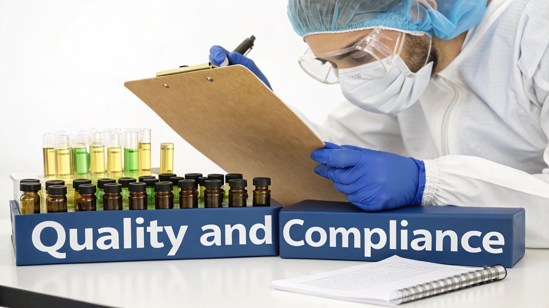 A laboratory technician in protective gear carefully inspects supplement bottles on a production line.