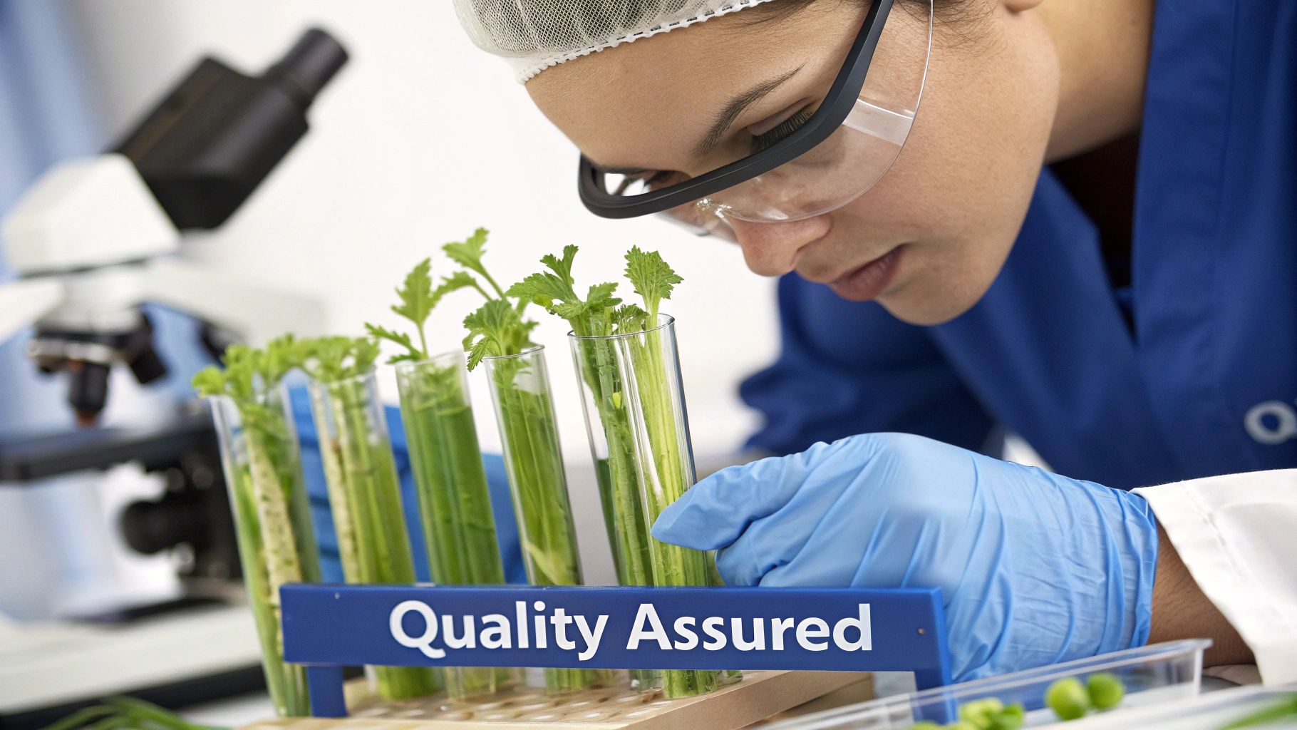 A lab technician in a cleanroom environment carefully inspecting a bottle of liquid supplement.