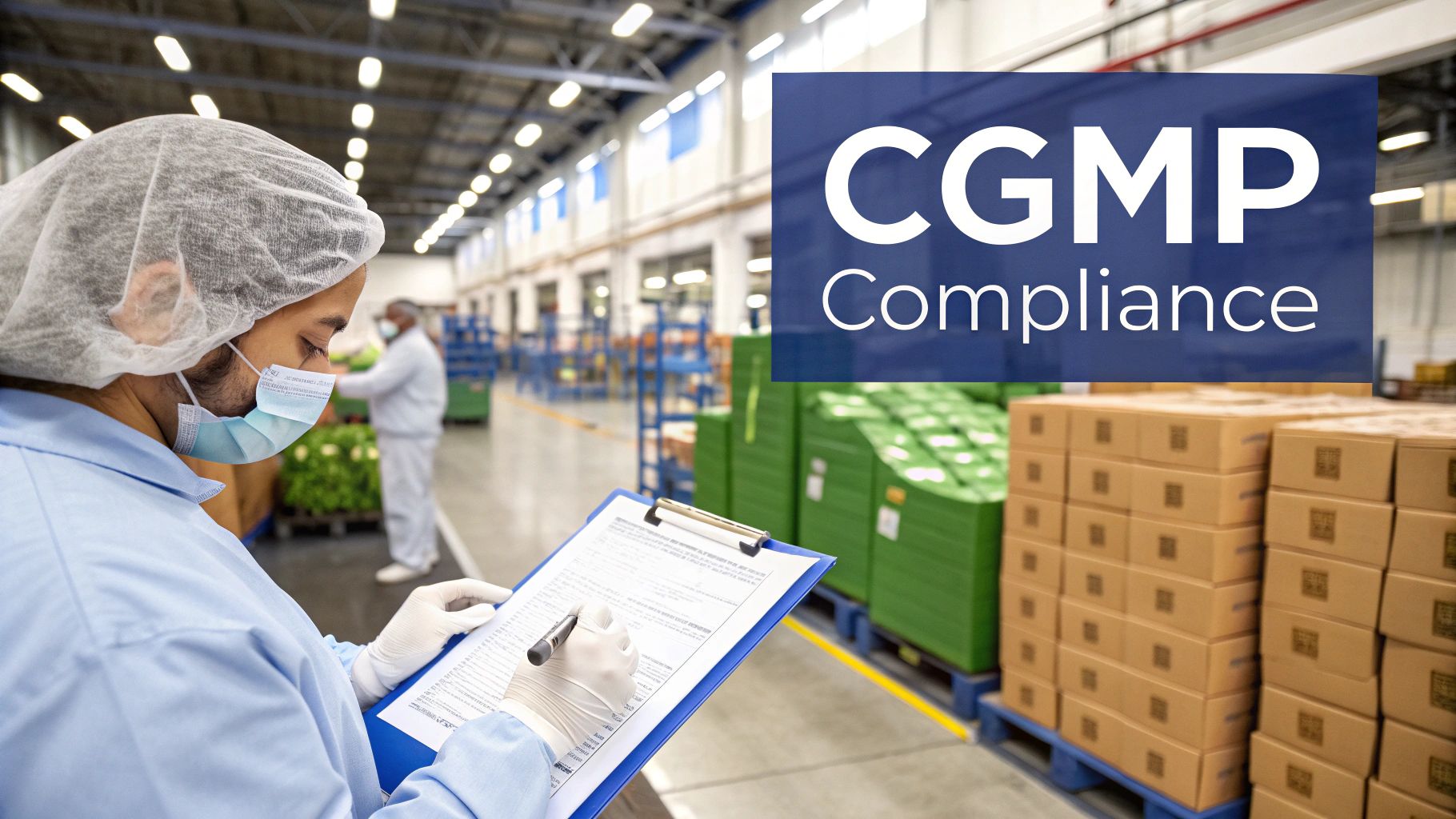 A quality control worker in a cleanroom checking documents in a factory, emphasizing CGMP Compliance.