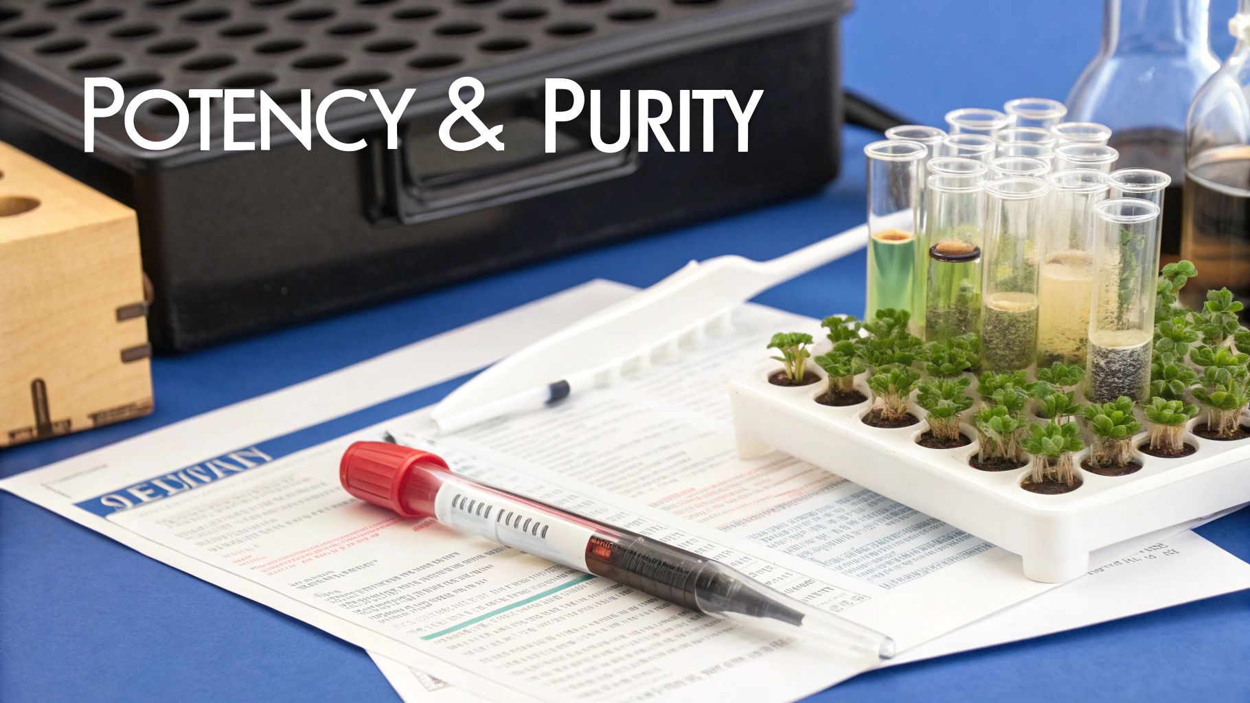 Laboratory testing setup with plant samples in test tubes, blood sample, and data sheets for quality control