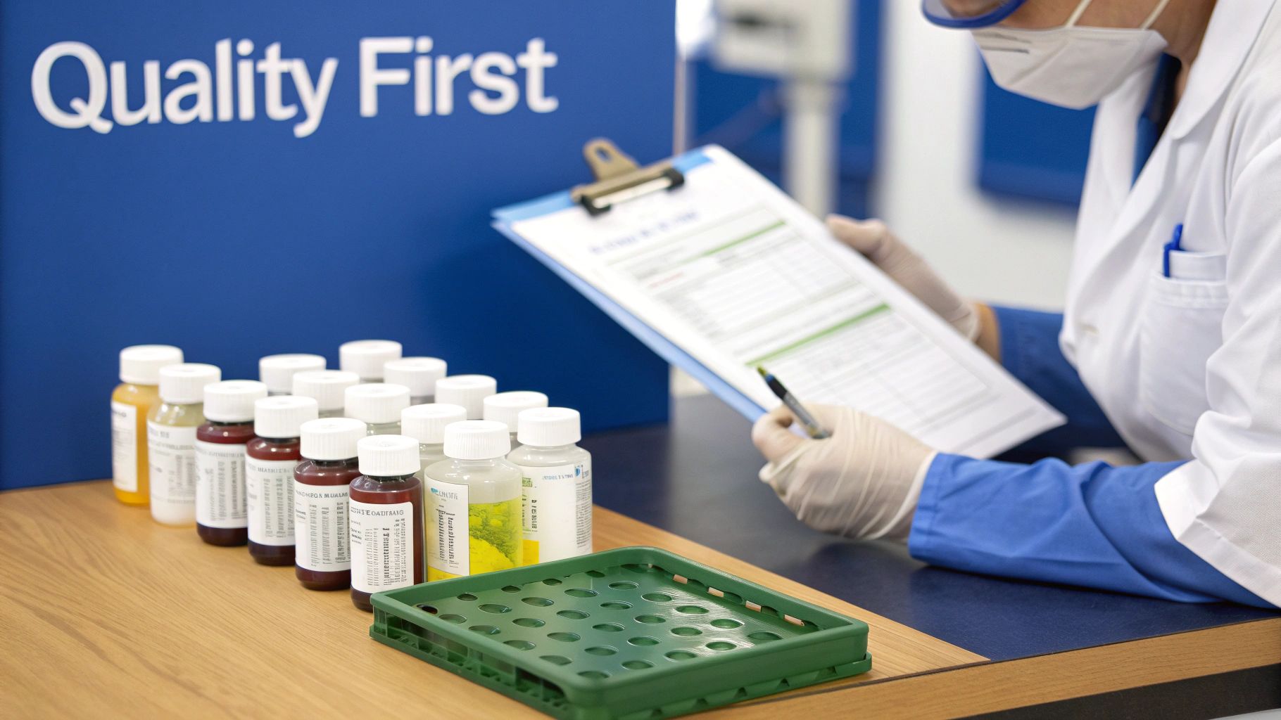 A close-up shot of quality control testing in a supplement manufacturing lab.