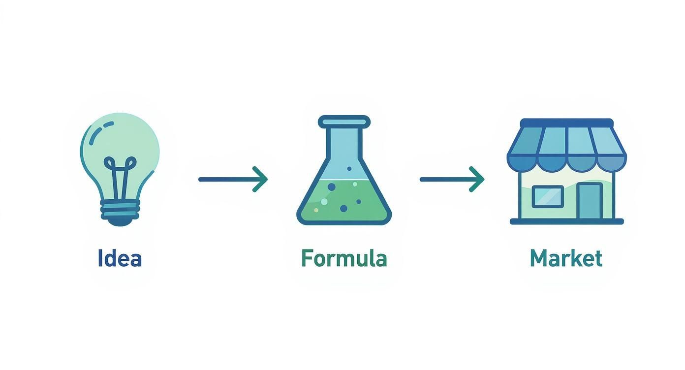 A conceptual diagram showing the progression from an idea (lightbulb) to a formula (beaker) and then to the market (store).