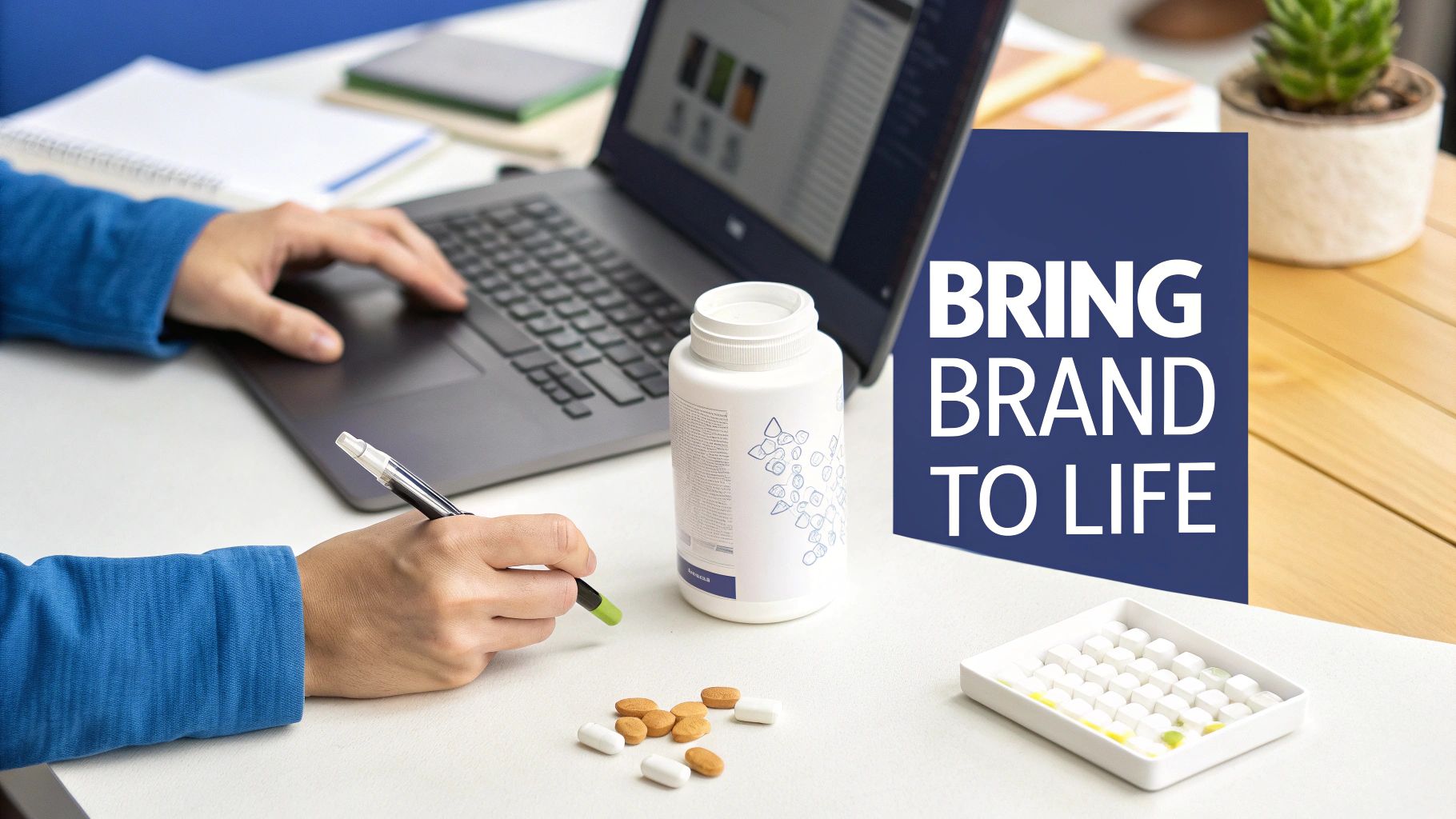 Woman holding a bottle of liquid supplements in a modern manufacturing facility.