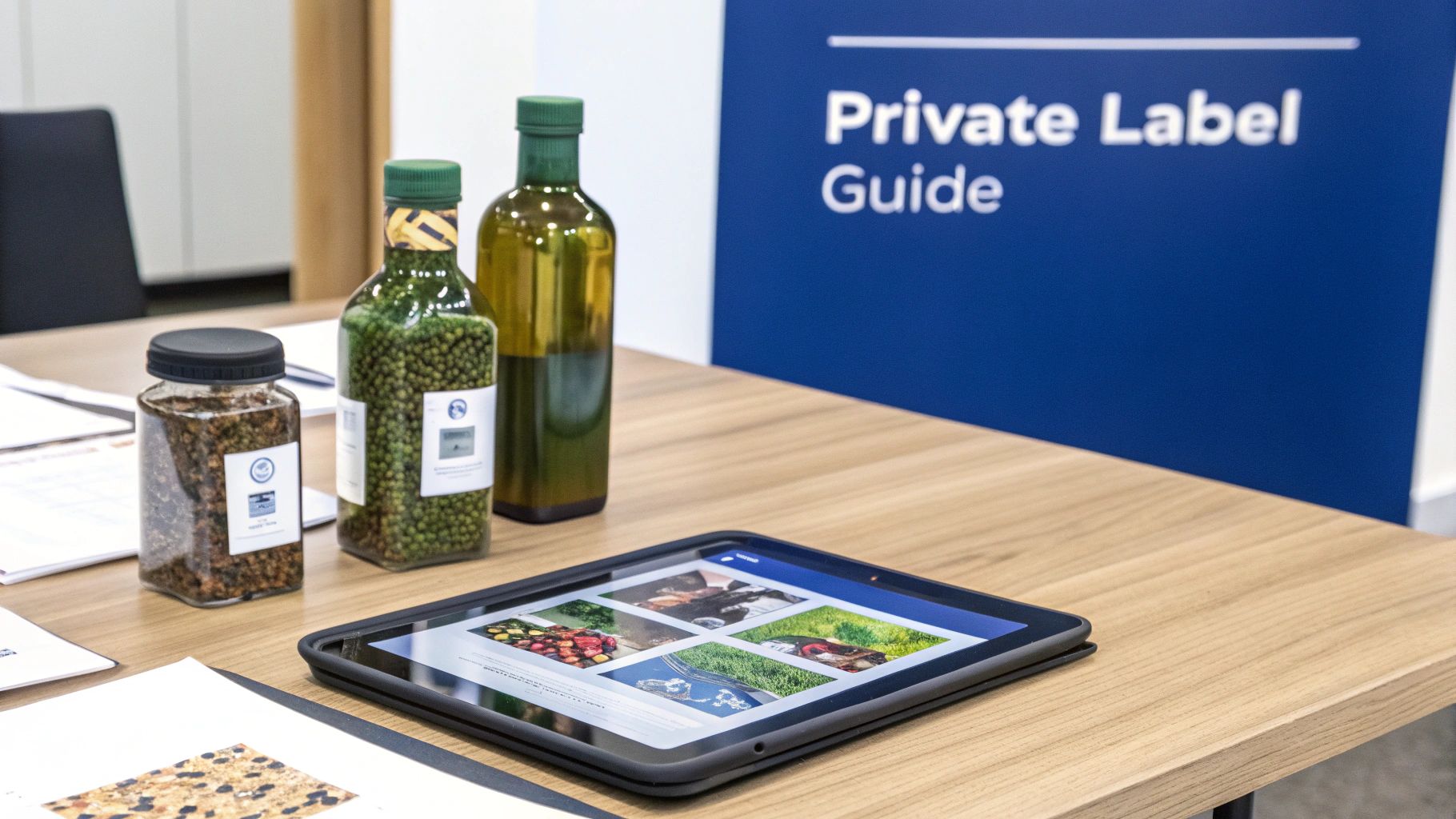 Table display with a jar of seeds, green peas, olive oil, and a tablet showing food images, next to a 'Private Label Guide' sign.
