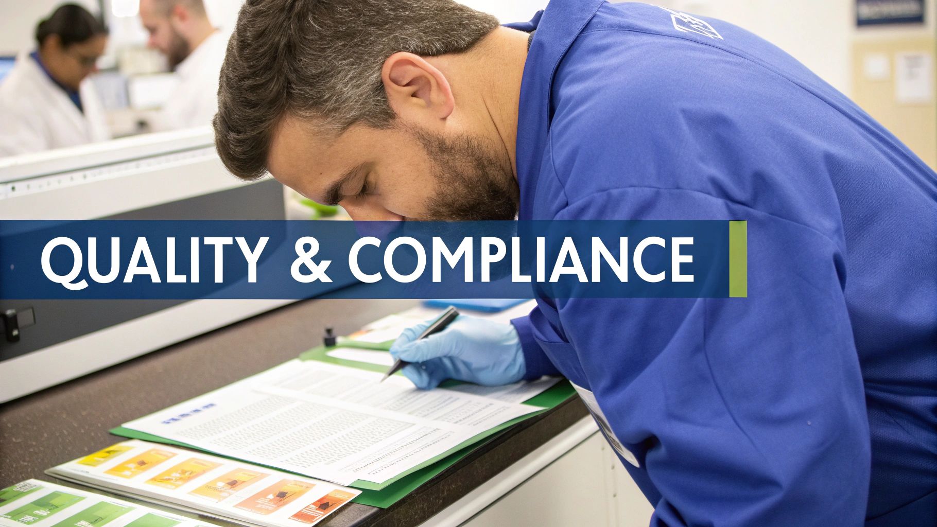 A scientist in a lab coat examines liquid in a beaker, representing quality control in vitamin manufacturing.