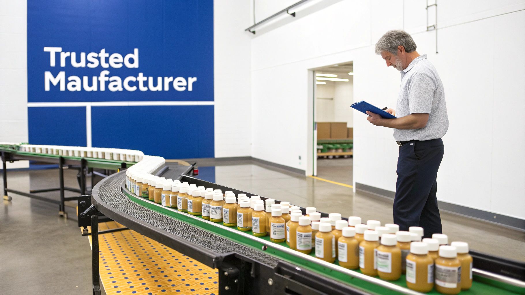 A man inspects rows of private label vitamin bottles moving on a factory conveyor belt.