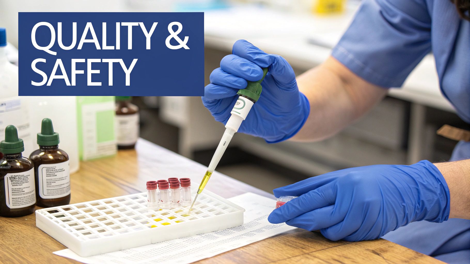 A lab technician carefully handling test tubes, representing quality control and scientific precision in a cGMP facility.