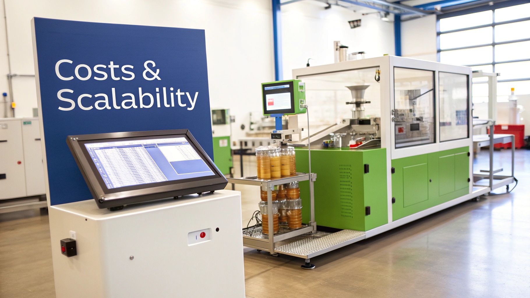 Automated manufacturing setup in a factory with a sign about costs and scalability.