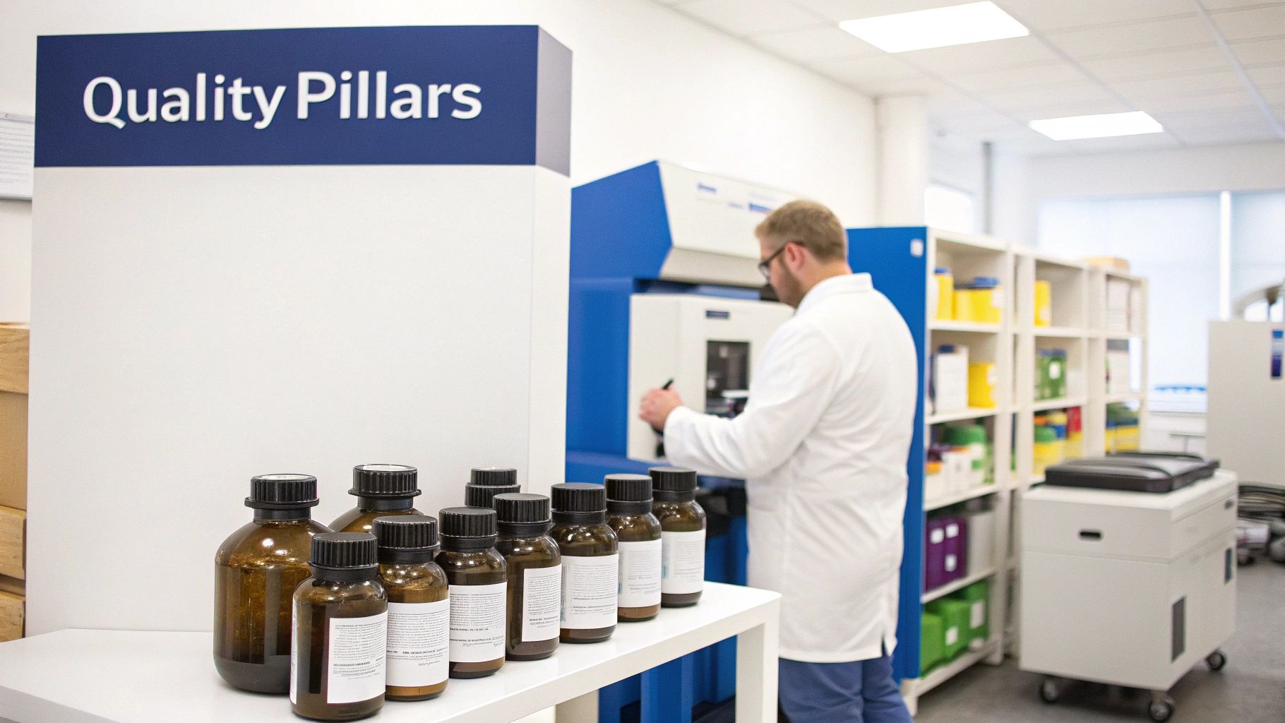 Close-up of a perfectly clean, stainless steel manufacturing line in a cGMP-compliant facility, with glowing control panels.